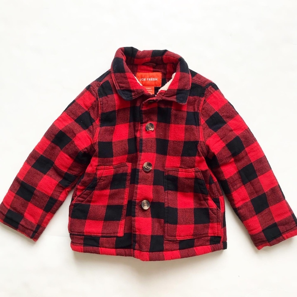 Joe fresh black/red buffalo plaid sherpa lined jacket VGUC 4T